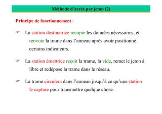 Méthode d’accès par jeton (2)
Principe de fonctionnement :
La station destinatrice recopie les données nécessaires, et
renvoie la trame dans l’anneau après avoir positionné
certains indicateurs.
La station émettrice reçoit la trame, la vide, remet le jeton à
libre et redépose la trame dans le réseau.
La trame circulera dans l’anneau jusqu’à ce qu’une station
le capture pour transmettre quelque chose.
 