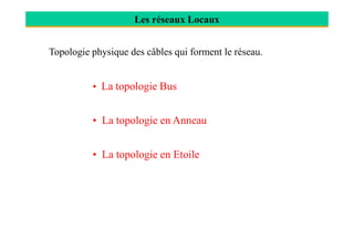 Les réseaux Locaux
Topologie physique des câbles qui forment le réseau.
• La topologie Bus
• La topologie en Anneau• La topologie en Anneau
• La topologie en Etoile
 