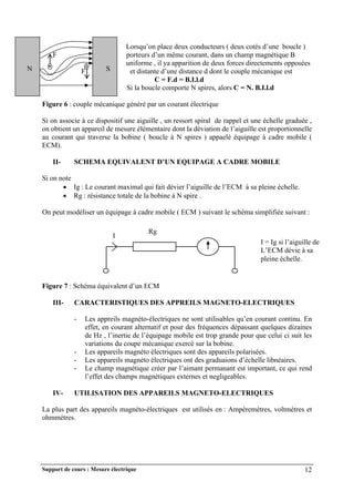 Support de cours : Mesure électrique 12
Lorsqu’on place deux conducteurs ( deux cotés d’une boucle )
F porteurs d’un même courant, dans un champ magnétique B
uniforme , il ya apparition de deux forces directements opposées
F et distante d’une distance d dont le couple mécanique est
C = F.d = B.I.l.d
Si la boucle comporte N spires, alors C = N. B.I.l.d
Figure 6 : couple mécanique généré par un courant électrique
Si on associe à ce dispositif une aiguille , un ressort spiral de rappel et une échelle graduée ,
on obtient un appareil de mesure élémentaire dont la déviation de l’aiguille est proportionnelle
au courant qui traverse la bobine ( boucle à N spires ) appaelé équipage à cadre mobile (
ECM).
II- SCHEMA EQUIVALENT D’UN EQUIPAGE A CADRE MOBILE
Si on note
 Ig : Le courant maximal qui fait dévier l’aiguille de l’ECM à sa pleine échelle.
 Rg : résistance totale de la bobine à N spire .
On peut modéliser un équipage à cadre mobile ( ECM ) suivant le schéma simplifiée suivant :
Figure 7 : Schéma équivalent d’un ECM
III- CARACTERISTIQUES DES APPREILS MAGNETO-ELECTRIQUES
- Les appreils magnéto-électriques ne sont utilisables qu’en courant continu. En
effet, en courant alternatif et pour des fréquences dépassant quelques dizaines
de Hz , l’inertie de l’équipage mobile est trop grande pour que celui ci suit les
variations du coupe mécanique exercé sur la bobine.
- Les appareils magnéto électriques sont des appareils polarisées.
- Les appareils magnéto électriques ont des graduaions d’échelle libnéaires.
- Le champ magnétique créer par l’aimant permanant est important, ce qui rend
l’effet des champs magnétiques externes et negligeables.
IV- UTILISATION DES APPAREILS MAGNETO-ELECTRIQUES
La plus part des appareils magnéto-électriques est utilisés en : Ampèremètres, voltmètres et
ohmmètres.
N S
Rg
I
I = Ig si l’aiguille de
L’ECM dévie à sa
pleine échelle.
 