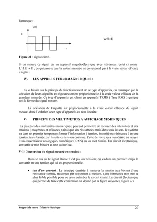 Support de cours : Mesure électrique 20
Remarque :
E
Veff
Figure 21 : signal carré.
Si on mesure ce signal par un appareil magnétoélectrique avec redresseur, celui ci donne
1,11.E  E , ce qui prouve que la valeur mesurée ne correspond pas à la vraie valeur efficace
u signal .
IV- LES APPREILS FERROMAGNETIQUES :
En se basant sur le principe de fonctionnement de ce type d’appareils, on remarque que la
déviation de leurs aiguilles est rigoureusement proportionnelle à la vraie valeur efficace de la
grandeur mesurée. Ce type d’appareils est classé en appareils TRMS ( True RMS ) quelque
soit la forme du signal mesuré.
La déviation de l’aiguille est proportionnelle à la vraie valeur efficace du signal
mesuré, donc l’échelee de ce type d’appareils est non linéaire.
V- PRINCIPE DES MULTIMETRES A AFFICHAGE NUMERIQUES :
La plus part des multimètres numériques, peuvent permettre de mesurer des intensitées et des
tensions ( moyennes et efficaces ) ainsi que des résisatnces, mais dans tous les cas, le système
va dans un premier temps transformer l’information ( tension, intensité ou résistance ) en une
tension, transformée par la suite en tension continue. Cette dernière sera numérisée au moyen
d’un convertisseur analogique- numérique ( CAN) en un mot binaire. Un circuit électronique,
convertit ce mot binaire en une valeur lue.
V-1- Conversion du signal mesuré en tension :
Dans le cas ou le signal étudié n’est pas une tension, on va dans un premier temps le
convertir en une tension qui lui est proportionnelle.
 cas d’un courant : Le principe consiste à mesurer la tension aux bornes d’une
résistance connue, traversée par le courant à mesuré. Cette résistance doit être le
plus faible possible pour ne opas perturber le circuit étudié. Le circuit électronique
qui permet de faire cette conversion est donné par la figure suivante ( figure 22).
V(t)
t
E
 