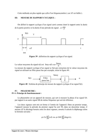 Support de cours : Mesure électrique 37
Cette méthode est plus rapide que celle d’un fréquencemètre ( car T est faible ).
III- MESURE DU RAPPORT CYCLIQUE :
On définit le rapport cyclique d’un signal carré comme étant le rapport entre la durée
de la partie positive et la durée d’une période du signal .
T
ton


Figure 39 : définition du rapport cyclique d’un signal.
La valeur moyenne du signal s(t) est
E
Smoy
α
αE
Smy 

 .
La mesure du rapport cyclique d’un signal se fait par extraction de la valeur moyenne du
signal en utilisant un filtre passe bas par exemple, selon la figure 40 .
Figure 40 : Schéma de principe de mesure du rapport cyclique d’un signal S(t).
IV- PHASEMETRE :
IV-1- Principe de fonctionnement :
Le phasemètre est un appareil de mesure, qui sert à mesurer la phase d’un signal SA
par rapport à un autre signal SB de même fréquence qui sert de référence.
Les deux signaux sont mis en forme à l’entrée de l’appareil. Dans un premier temps,
l’appareil mesure la période du premier signal Sa soit T0, dans un deuxième temps, il
mesure T le décalage horaire entre les deux signaux, ensuite il calcule le déphasage selon
la formule suivante :
)
(
0
.
2 rd
T
T

 
 ou )
(deg
0
.
360 rés
T
T


 .
T
ton
S(t)
t
T
E
Filtre
passe bas
S(t) 1
E
Smoy

 
