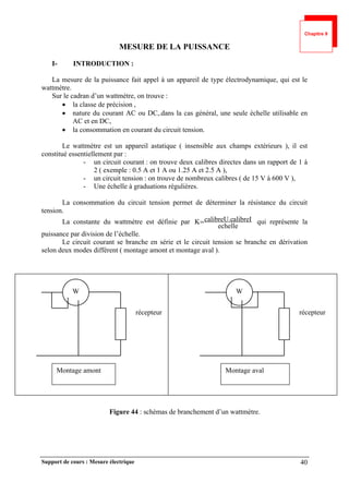 Support de cours : Mesure électrique 40
MESURE DE LA PUISSANCE
I- INTRODUCTION :
La mesure de la puissance fait appel à un appareil de type électrodynamique, qui est le
wattmètre.
Sur le cadran d’un wattmètre, on trouve :
 la classe de précision ,
 nature du courant AC ou DC,.dans la cas général, une seule échelle utilisable en
AC et en DC,
 la consommation en courant du circuit tension.
Le wattmètre est un appareil astatique ( insensible aux champs extérieurs ), il est
constitué essentiellement par :
- un circuit courant : on trouve deux calibres directes dans un rapport de 1 à
2 ( exemple : 0.5 A et 1 A ou 1.25 A et 2.5 A ),
- un circuit tension : on trouve de nombreux calibres ( de 15 V à 600 V ),
- Une échelle à graduations régulières.
La consommation du circuit tension permet de déterminer la résistance du circuit
tension.
La constante du wattmètre est définie par
echelle
alibreI
calibreU.c
K qui représente la
puissance par division de l’échelle.
Le circuit courant se branche en série et le circuit tension se branche en dérivation
selon deux modes différent ( montage amont et montage aval ).
Figure 44 : schémas de branchement d’un wattmètre.
récepteur
W
récepteur
W
Montage amont Montage aval
Chapitre 9
 