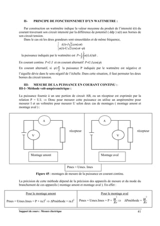 Support de cours : Mesure électrique 41
II- PRINCIPE DE FONCTIONNEMET D’UN WATTMETRE :
Par construction un wattmètre indique la valeur moyenne du produit de l’intensité i(t) du
courant traversant son circuit intensité par la différence de potentiel ( ddp ) u(t) aux bornes de
son circuit tension.
Dans le cas où les deux grandeurs sont sinusoïdales et de même fréquence,






)
cos(
2
.
)
(
)
cos(
.
2
)
(



t
U
t
u
t
I
t
i
la puissance indiquée par le wattmètre est 

T
dt
t
i
t
u
T
P
0
)
(
).
(
1 .
En courant continu I
U
P .
 et en courant alternatif )
cos(
.
. 
I
U
P
En courant alternatif, si
2

 la puissance P indiquée par le wattmètre est négative et
l’aiguille dévie dans le sens négatif de l’échelle. Dans cette situation, il faut permuter les deux
bornes du circuit tension.
III- MESURE DE LA PUISSANCE EN COURANT CONTINU :
III-1- Méthode volt-ampèremétrique :
La puissance fournie à un une portion de circuit AB, ou un récepteur est exprimée par la
relation P = U.I.  Donc pour mesurer cette puissance on utilise un ampèremètre pour
mesurer I et un voltmètre pour mesurer U selon deux cas de montages ( montage amont et
montage aval ) :
Figure 45 : montages de mesure de la puissance en courant continu.
La précision de cette méthode dépend de la précision des appareils de mesure et du mode du
branchement de ces appareils ( montage amont et montage aval ). En effet :
A
V
récepteur
A
récepteur
V
Montage aval
Montage amont
Pmes = Umes. Imes
Pour le montage amont
Pmes = Umes.Imes = P + ra.I2
 Pméthode = ra.I2
Pour le montage aval
Pmes = Umes.Imes = P +
Rv
u
2
 Pméthode =
Rv
u
2
 