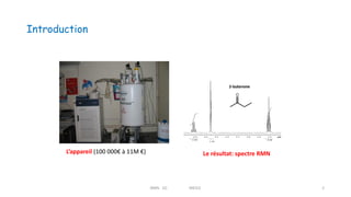 Introduction
L’appareil (100 000€ à 11M €) Le résultat: spectre RMN
RMN 1D MEIV2 2
 