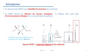 Introduction
• La spectroscopie RMN sert à identifier la structure des molécules.
• La RMN permet de détecter les noyaux atomiques et indique dans quel type
d’environnement chimique ils se trouvent dans la molécule
H
H
H
O
H
H
H H
H
La RMN du proton peut différencier les
hydrogènes de couleurs différentes
Spectre RMN = empreinte digitale d’une molécule
RMN 1D MEIV2 3
 