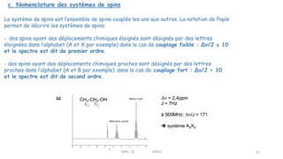 c. Nomenclature des systèmes de spins
Le système de spins est l’ensemble de spins couplés les uns aux autres. La notation de Pople
permet de décrire les systèmes de spins:
- des spins ayant des déplacements chimiques éloignés sont désignés par des lettres
éloignées dans l’alphabet (A et X par exemple) dans le cas de couplage faible : Δν/J ≥ 10
et le spectre est dit de premier ordre.
- des spins ayant des déplacements chimiques proches sont désignés par des lettres
proches dans l’alphabet (A et B par exemple) dans le cas de couplage fort : Δν/J < 10
et le spectre est dit de second ordre.
32
A3 X2
RMN 1D MEIV2
 