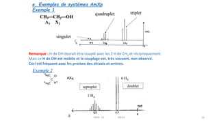 e. Exemples de systèmes AmXp
Exemple 1
Remarque : H de OH devrait être couplé avec les 2 H de CH2 et réciproquement.
Mais ce H de OH est mobile et le couplage est, très souvent, non observé.
Ceci est fréquent avec les protons des alcools et amines.
Exemple 2
34
RMN 1D MEIV2
 