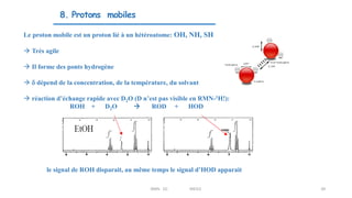 8. Protons mobiles
Le proton mobile est un proton lié à un hétéroatome: OH, NH, SH
 Très agile
 Il forme des ponts hydrogène
 d dépend de la concentration, de la température, du solvant
 réaction d’échange rapide avec D2O (D n’est pas visible en RMN-1H!):
ROH + D2O  ROD + HOD
le signal de ROH disparait, au même temps le signal d’HOD apparait 24
39
RMN 1D MEIV2
 