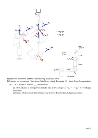 1) Etablir les paramètres de Denavit-Hartenberg modifié du robot.
2) Proposer un programme (MatLab ou Scilab) qui calcule la matrice T0, 6 étant donné les paramètres

q1 ,, q6 . Calculer la matrice T0, 6 dans le cas où :
- Le robot est dans sa configuration initiale, c'est-à-dire, lorsque q1  q 2    q6  0 (voir figure
précédente).
- Le bras du robot est tendu à la verticale (vue de profil du robot dans la figure suivante) :

page 30

 