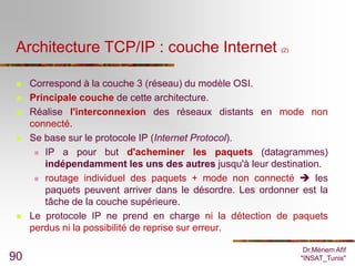 Architecture TCP/IP : couche Internet                    (2)




    Correspond à la couche 3 (réseau) du modèle OSI.
    Principale couche de cette architecture.
    Réalise l'interconnexion des réseaux distants en mode non
     connecté.
    Se base sur le protocole IP (Internet Protocol).
       IP a pour but d'acheminer les paquets (datagrammes)
        indépendamment les uns des autres jusqu'à leur destination.
       routage individuel des paquets + mode non connecté  les
        paquets peuvent arriver dans le désordre. Les ordonner est la
        tâche de la couche supérieure.
    Le protocole IP ne prend en charge ni la détection de paquets
     perdus ni la possibilité de reprise sur erreur.

                                                                 Dr.Mériem Afif
90                                                              "INSAT_Tunis"
 