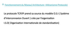  Fonctionnementdu Réseau( Architecture–Mécanisme-Protocole)
Le protocole TCP/IP prend sa source du modèle O.S.I ( Système
d’Interconnexion Ouvert ) crée par l’organisation
I.S.O( Organisation Internationale de standardisation)
 