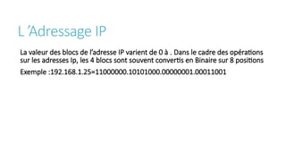 L ’Adressage IP
La valeur des blocs de l’adresse IP varient de 0 à . Dans le cadre des opérations
sur les adresses Ip, les 4 blocs sont souvent convertis en Binaire sur 8 positions
Exemple :192.168.1.25=11000000.10101000.00000001.00011001
 