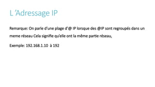L ’Adressage IP
Remarque: On parle d’une plage d’@ IP lorsque des @IP sont regroupés dans un
meme réseau Cela signifie qu’elle ont la même partie réseau,
Exemple: 192.168.1.10 à 192
 