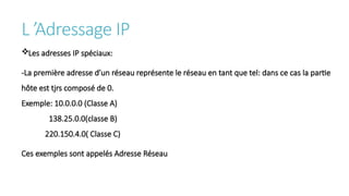 L ’Adressage IP
Les adresses IP spéciaux:
-La première adresse d’un réseau représente le réseau en tant que tel: dans ce cas la partie
hôte est tjrs composé de 0.
Exemple: 10.0.0.0 (Classe A)
138.25.0.0(classe B)
220.150.4.0( Classe C)
Ces exemples sont appelés Adresse Réseau
 