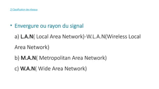 2)Classificationdesréseaux
• Envergure ou rayon du signal
a) L.A.N( Local Area Network)-W.L.A.N(Wireless Local
Area Network)
b) M.A.N( Metropolitan Area Network)
c) W.A.N( Wide Area Network)
 
