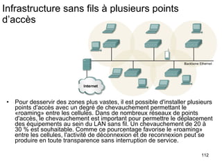 Infrastructure sans fils à plusieurs points d’accès Pour desservir des zones plus vastes, il est possible d'installer plusieurs points d'accès avec un degré de chevauchement permettant le «roaming» entre les cellules. Dans de nombreux réseaux de points d'accès, le chevauchement est important pour permettre le déplacement des équipements au sein du LAN sans fil. Un chevauchement de 20 à 30 % est souhaitable. Comme ce pourcentage favorise le «roaming» entre les cellules, l'activité de déconnexion et de reconnexion peut se produire en toute transparence sans interruption de service.  
