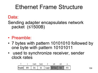 Ethernet Frame Structure Data:   Sending adapter encapsulates network packet  (≤1500B)  Preamble:   7 bytes with pattern 10101010 followed by one byte with pattern 10101011 used to synchronize receiver, sender clock rates 