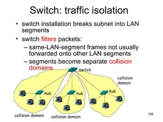 Switch: traffic isolation switch installation breaks subnet into LAN segments switch  filters  packets:   same-LAN-segment frames not usually forwarded onto other LAN segments segments become separate  collision  domains collision domain collision domain collision  domain hub hub hub switch 