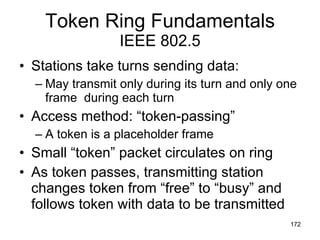 Token Ring Fundamentals IEEE 802.5 Stations take turns sending data: May transmit only during its turn and only one frame  during each turn Access method: “token-passing” A token is a placeholder frame  Small “token” packet circulates on ring As token passes, transmitting station changes token from “free” to “busy” and follows token with data to be transmitted 