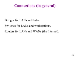   Connections (in general) Bridges for LANs and hubs. Switches for LANs and workstations. Routers for LANs and WANs (the Internet). 
