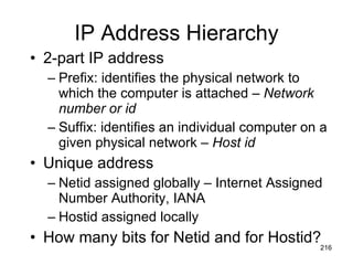 IP Address Hierarchy 2-part IP address Prefix: identifies the physical network to which the computer is attached –  Network number or id Suffix: identifies an individual computer on a given physical network –  Host id Unique address Netid assigned globally – Internet Assigned Number Authority, IANA Hostid assigned locally How many bits for Netid and for Hostid? 