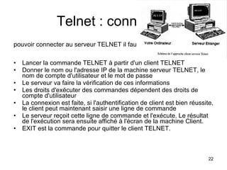 Telnet : connexion pouvoir connecter au serveur TELNET il faut :   Lancer la commande TELNET à partir d'un client TELNET  Donner le nom ou l'adresse IP de la machine serveur TELNET, le nom de compte d'utilisateur et le mot de passe  Le serveur va faire la vérification de ces informations  Les droits d'exécuter des commandes dépendent des droits de compte d'utilisateur  La connexion est faite, si l'authentification de client est bien réussite, le client peut maintenant saisir une ligne de commande  Le serveur reçoit cette ligne de commande et l'exécute. Le résultat de l'exécution sera ensuite affiché à l'écran de la machine Client.  EXIT est la commande pour quitter le client TELNET. 