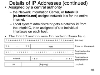 Details of IP Addresses (continued) Assigned by a central authority the Network Information Center, or  InterNIC (rs.internic.net)  assigns network id’s for the entire internet. Local system administrator gets a network id from the InterNIC, then assigned Id’s to individual interfaces on each host. The hostid portion may be broken down by a local system administrator into “subnet” and “host”. Special case addresses: 