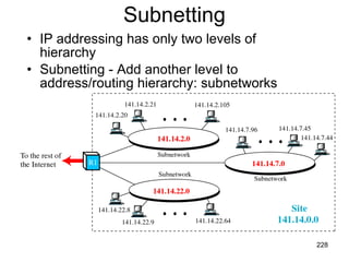 Subnetting IP addressing has only two levels of hierarchy Subnetting - Add another level to address/routing hierarchy: subnetworks 