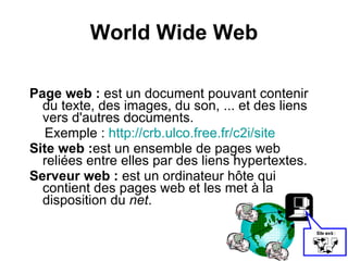 World Wide Web Page web :  est un document pouvant contenir du texte, des images, du son, ... et des liens vers d'autres documents.  Exemple :  http://crb.ulco.free.fr/c2i/site Site web : est un ensemble de pages web reliées entre elles par des liens hypertextes. Serveur web :  est un ordinateur hôte qui contient des pages web et les met à la disposition du  net .  