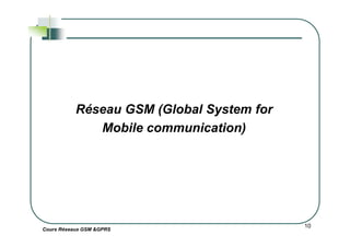 Réseau GSM (Global System for
Mobile communication)
Cours Réseaux GSM &GPRS
10
Mobile communication)
 