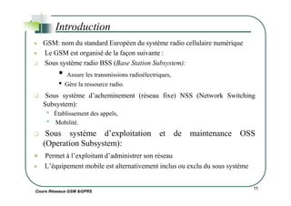 GSM: nom du standard Européen du système radio cellulaire numérique
Le GSM est organisé de la façon suivante :
Sous système radio BSS (Base Station Subsystem):
• Assure les transmissions radioélectriques,
• Gère la ressource radio.
Sous système d’acheminement (réseau fixe) NSS (Network Switching
Subsystem):
Introduction
Cours Réseaux GSM &GPRS
11
Subsystem):
• Établissement des appels,
• Mobilité.
Sous système d’exploitation et de maintenance OSS
(Operation Subsystem):
Permet à l’exploitant d’administrer son réseau
L’équipement mobile est alternativement inclus ou exclu du sous système
 