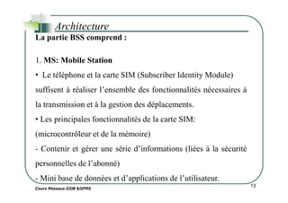 Architecture
La partie BSS comprend :
1. MS: Mobile Station
• Le téléphone et la carte SIM (Subscriber Identity Module)
suffisent à réaliser l’ensemble des fonctionnalités nécessaires à
la transmission et à la gestion des déplacements.
Cours Réseaux GSM &GPRS
13
la transmission et à la gestion des déplacements.
• Les principales fonctionnalités de la carte SIM:
(microcontrôleur et de la mémoire)
- Contenir et gérer une série d’informations (liées à la sécurité
personnelles de l’abonné)
- Mini base de données et d’applications de l’utilisateur.
 