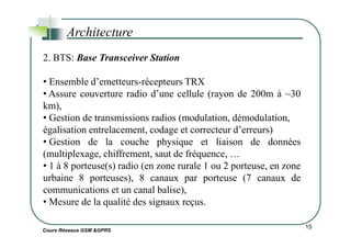 Architecture
2. BTS: Base Transceiver Station
• Ensemble d’emetteurs-récepteurs TRX
• Assure couverture radio d’une cellule (rayon de 200m à ~30
km),
• Gestion de transmissions radios (modulation, démodulation,
égalisation entrelacement, codage et correcteur d’erreurs)
Cours Réseaux GSM &GPRS
15
égalisation entrelacement, codage et correcteur d’erreurs)
• Gestion de la couche physique et liaison de données
(multiplexage, chiffrement, saut de fréquence, …
• 1 à 8 porteuse(s) radio (en zone rurale 1 ou 2 porteuse, en zone
urbaine 8 porteuses), 8 canaux par porteuse (7 canaux de
communications et un canal balise),
• Mesure de la qualité des signaux reçus.
 