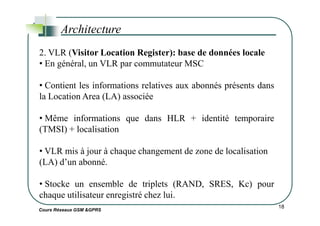 Architecture
2. VLR (Visitor Location Register): base de données locale
• En général, un VLR par commutateur MSC
• Contient les informations relatives aux abonnés présents dans
la Location Area (LA) associée
• Même informations que dans HLR + identité temporaire
Cours Réseaux GSM &GPRS
18
• Même informations que dans HLR + identité temporaire
(TMSI) + localisation
• VLR mis à jour à chaque changement de zone de localisation
(LA) d’un abonné.
• Stocke un ensemble de triplets (RAND, SRES, Kc) pour
chaque utilisateur enregistré chez lui.
 