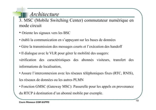 Architecture
3. MSC (Mobile Switching Center) commutateur numérique en
mode circuit
• Oriente les signaux vers les BSC
• établi la communication en s’appuyant sur les bases de données
• Gère la transmission des messages courts et l’exécution des handoff
• Il dialogue avec le VLR pour gérer le mobilité des usagers:
Cours Réseaux GSM &GPRS
19
• Il dialogue avec le VLR pour gérer le mobilité des usagers:
vérification des caractéristiques des abonnés visiteurs, transfert des
informations de localisation,
• Assure l’interconnexion avec les réseaux téléphoniques fixes (RTC, RNIS),
les réseaux de données ou les autres PLMN
• Fonction GMSC (Gateway MSC): Passerelle pour les appels en provenance
du RTCP à destination d’un abonné mobile par exemple.
 