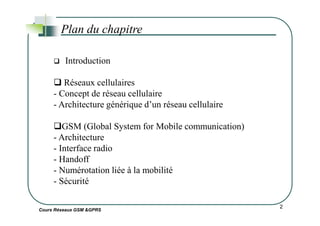 Plan du chapitre
Introduction
Réseaux cellulaires
- Concept de réseau cellulaire
- Architecture générique d’un réseau cellulaire
Cours Réseaux GSM &GPRS
2
GSM (Global System for Mobile communication)
- Architecture
- Interface radio
- Handoff
- Numérotation liée à la mobilité
- Sécurité
 