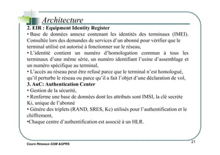 Architecture
2. EIR : Equipment Identity Register
• Base de données annexe contenant les identités des terminaux (IMEI).
Consultée lors des demandes de services d’un abonné pour vérifier que le
terminal utilisé est autorisé à fonctionner sur le réseau,
• L’identité contient un numéro d’homologation commun à tous les
terminaux d’une même série, un numéro identifiant l’usine d’assemblage et
un numéro spécifique au terminal,
• L’accès au réseau peut être refusé parce que le terminal n’est homologué,
qu’il perturbe le réseau ou parce qu’il a fait l’objet d’une déclaration de vol,
Cours Réseaux GSM &GPRS
21
qu’il perturbe le réseau ou parce qu’il a fait l’objet d’une déclaration de vol,
3. AuC: Authentication Center
• Gestion de la sécurité,
• Renferme une base de données dont les attributs sont IMSI, la clé secrète
Ki, unique de l’abonné
• Génère des triplets (RAND, SRES, Kc) utilisés pour l’authentification et le
chiffrement,
•Chaque centre d’authentification est associé à un HLR.
 