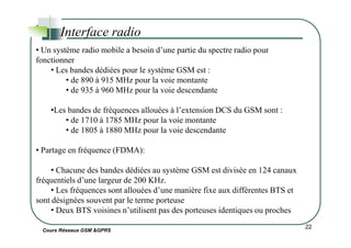 • Un système radio mobile a besoin d’une partie du spectre radio pour
fonctionner
• Les bandes dédiées pour le système GSM est :
• de 890 à 915 MHz pour la voie montante
• de 935 à 960 MHz pour la voie descendante
•Les bandes de fréquences allouées à l’extension DCS du GSM sont :
• de 1710 à 1785 MHz pour la voie montante
Interface radio
Cours Réseaux GSM &GPRS
22
• de 1710 à 1785 MHz pour la voie montante
• de 1805 à 1880 MHz pour la voie descendante
• Partage en fréquence (FDMA):
• Chacune des bandes dédiées au système GSM est divisée en 124 canaux
fréquentiels d’une largeur de 200 KHz.
• Les fréquences sont allouées d’une manière fixe aux différentes BTS et
sont désignées souvent par le terme porteuse
• Deux BTS voisines n’utilisent pas des porteuses identiques ou proches
 