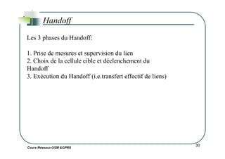 Handoff
Les 3 phases du Handoff:
1. Prise de mesures et supervision du lien
2. Choix de la cellule cible et déclenchement du
Handoff
3. Exécution du Handoff (i.e.transfert effectif de liens)
Cours Réseaux GSM &GPRS
30
3. Exécution du Handoff (i.e.transfert effectif de liens)
 