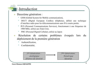 Deuxième génération :
• GSM (Global System for Mobile communication),
• DECT (Digital European Cordless téléphone), définit une technique
d’interface radio pour les télécommunications sans fil à courte portée.
• PCS (Personal Communications Services), fonctionnant à une fréquence de
1900 MHz, utilisé aux Etats-Unis.
• PDC (Personal Digital Cellular), utilisé au Japon
Résolution de certains problèmes évoqués lors du
Introduction
Cours Réseaux GSM &GPRS
4
Résolution de certains problèmes évoqués lors du
déploiement de la première génération
• Authentification,
• Confidentialité,
 