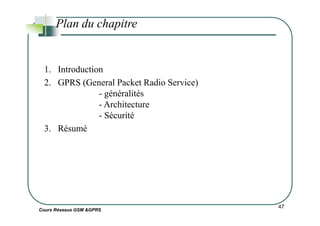 Plan du chapitre
1. Introduction
2. GPRS (General Packet Radio Service)
- généralités
- Architecture
- Sécurité
Cours Réseaux GSM &GPRS
47
- Sécurité
3. Résumé
 