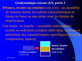 Géodynamique externe (S3), partie 2
bancs, strates ou couches (cm à m) : un ensemble
de lamines donne les mêmes caractéristiques et
forme un banc ou une strate avec les limites de
stratification.
Une strate, ou couche = ensemble sédimentaire
(roche ou sédiment) compris entre deux surfaces et
présentant des caractéristiques spécifiques (couleur,
composition, aspect).
09/12/2014 18
Feuillets ou lamines
(mm à cm)
bancs, strates
ou couches
(cm à m)
 