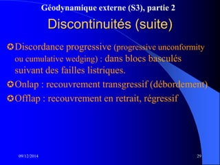 Géodynamique externe (S3), partie 2
09/12/2014 29
Discontinuités (suite)
Discordance progressive (progressive unconformity
ou cumulative wedging) : dans blocs basculés
suivant des failles listriques.
Onlap : recouvrement transgressif (débordement)
Offlap : recouvrement en retrait, régressif
 