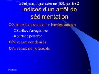 Géodynamique externe (S3), partie 2
Indices d’un arrêt de
sédimentation
Surfaces durcies ou « hardgrounds »
Surface ferruginisée
Surface perforée
Niveaux condensés
Niveaux de paléosols
09/12/2014 31
 