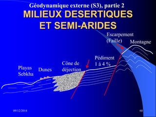 Géodynamique externe (S3), partie 2
MILIEUX DESERTIQUES
ET SEMI-ARIDES
09/12/2014 60
Montagne
Pédiment
1 à 4 %Cône de
déjectionDunesPlayas
Sebkha
Escarpement
(Faille)
 