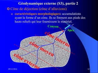 Géodynamique externe (S3), partie 2
 Cône de déjection (cône d’alluvions)
 caractéristiques morphologiques: accumulations
ayant la forme d’un cône. Ils se forment aux pieds des
hauts reliefs qui leur fournissent le matériel.
09/12/2014 62
 