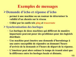 Exemples de messages
 Demande d’écho et réponse d’écho
  – permet à une machine ou un routeur de déterminer la
    validité d’un chemin sur le réseau
  – Utilisé par les outils tels ping et traceroute
 Synchronisation des horloges
  – Les horloges de deux machines qui diffèrent de manière
    importante peuvent poser des problèmes pour des logiciels
    distribués
  – Une machine peut émettre une demande d’horodatage à
    une autre susceptible de répondre en donnant l’heure
    d’arrivée de la demande et l’heure de départ de la réponse.
  – L’émetteur peut alors estimer le temps de transit ainsi que
    la différence entre les horloges locale et distante.
                                                             105
 