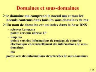 Domaines et sous-domaines
 le domaine ma comprend le noeud ma et tous les
  noeuds contenus dans tous les sous-domaines de ma
 Un nom de domaine est un index dans la base DNS
   – sciences1.ump.ma
     pointe vers une adresse IP
   – ump.ma
     pointe vers des informations de routage, de courrier
     électronique et éventuellement des informations de sous-
     domaines
   – ma
  pointe vers des informations structurelles de sous-domaines



                                                                113
 