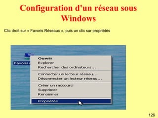 Configuration d'un réseau sous
                   Windows
Clic droit sur « Favoris Réseaux », puis un clic sur propriétés




                                                                  126
 