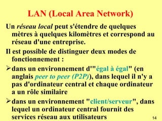 LAN (Local Area Network)
Un réseau local peut s'étendre de quelques
   mètres à quelques kilomètres et correspond au
   réseau d'une entreprise.
Il est possible de distinguer deux modes de
   fonctionnement :
 dans un environnement d'"égal à égal" (en
   anglais peer to peer (P2P)), dans lequel il n'y a
   pas d'ordinateur central et chaque ordinateur
   a un rôle similaire
 dans un environnement "client/serveur", dans
   lequel un ordinateur central fournit des
   services réseau aux utilisateurs                 14
 